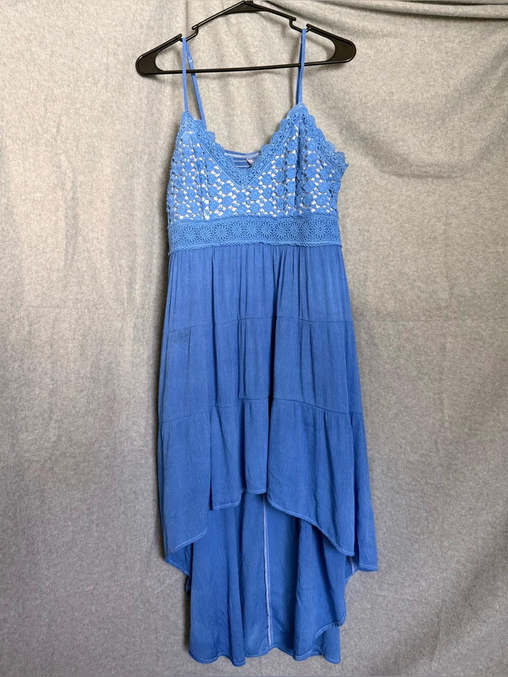 Blue Crochet Lace Boho Hi-Low Maxi Dress Spaghetti Strap Smocked Back Festival
